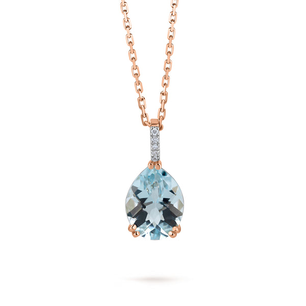 Pandantiv Blue topaz natural  și diamante Blue Skies aur roz 14K. Miruna House Of Jewels.